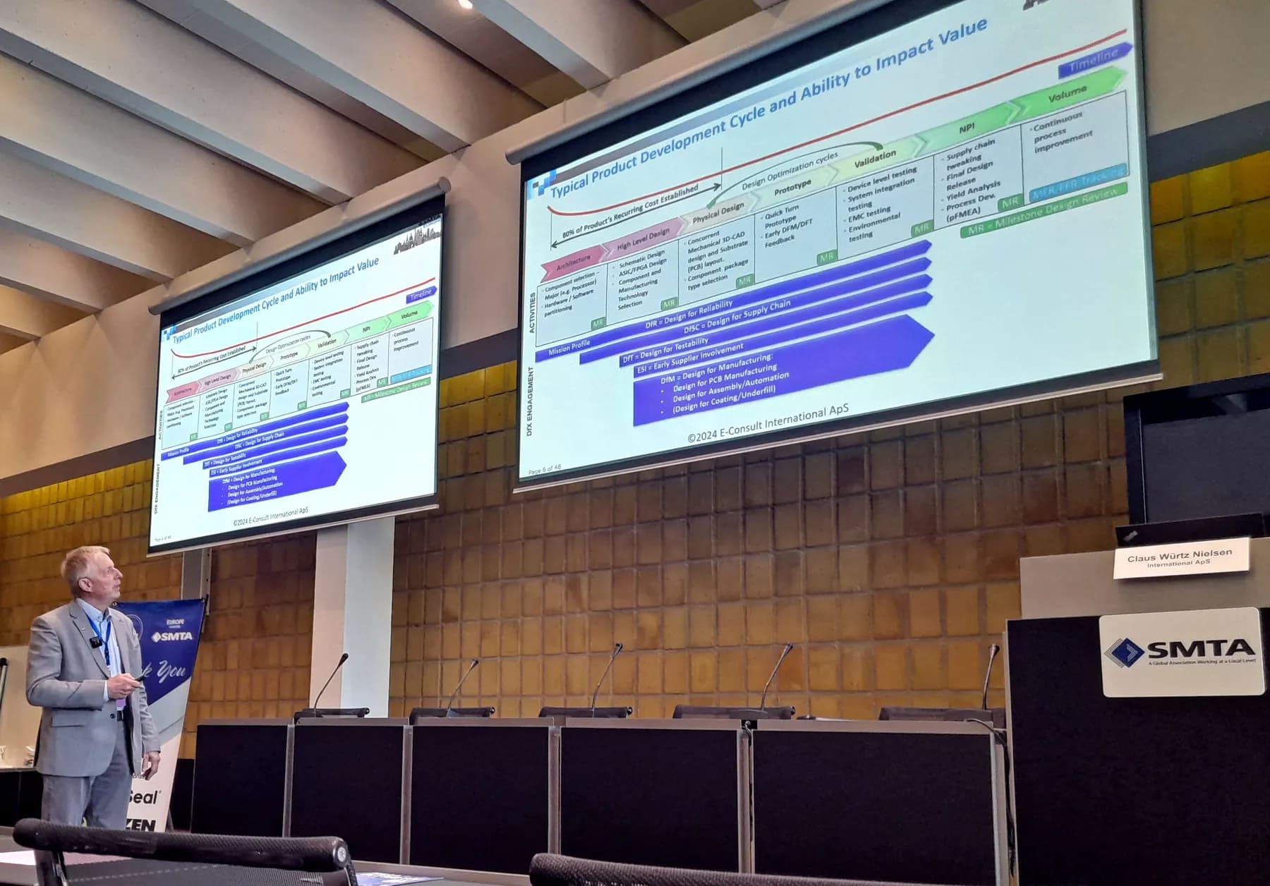 Claus Würtz Nielsen presenting a lecture on product development and DfX